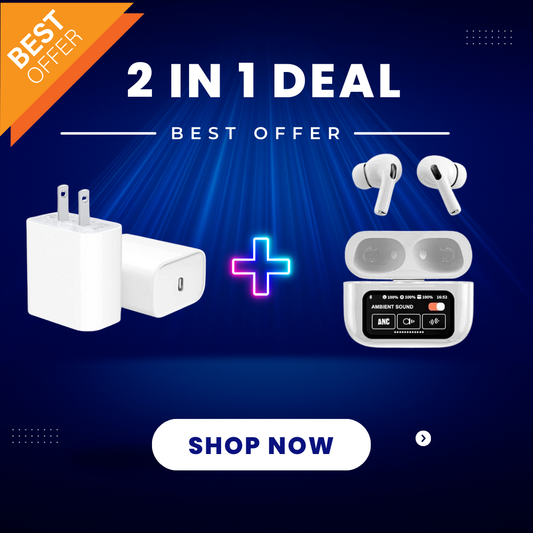 Iphone 20W Power Adapter Original 2 Pin + A9 Pro ANC Wireless White Earphones LED Screen